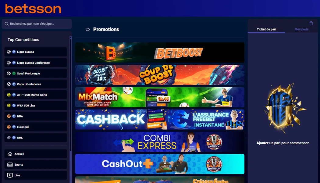 Promotions & Bonus Site de Paris sportifs Betsson